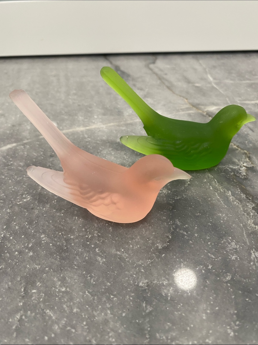 Pink & Green Frosted Glass Bird Figurines- Elegant Décor. Vintage Westmoreland.